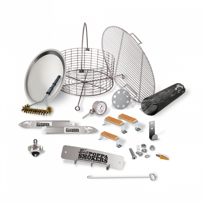 Comprehensive view of all components of the BPS DIY Drum Smoker Kit spread out on a patterned background, featuring a grill grate, drum handles, thermometer, ash catcher, and other hardware accessories.